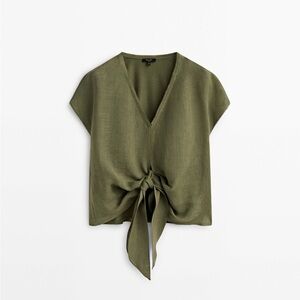 Massimo Dutti green khaki Tie Front Blouse